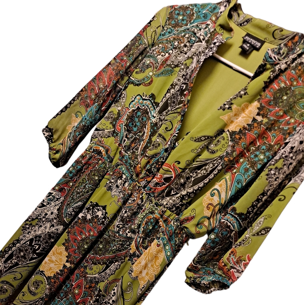 Enfocus boho maxi bold colorful floral pattern v neck long sleeve dress